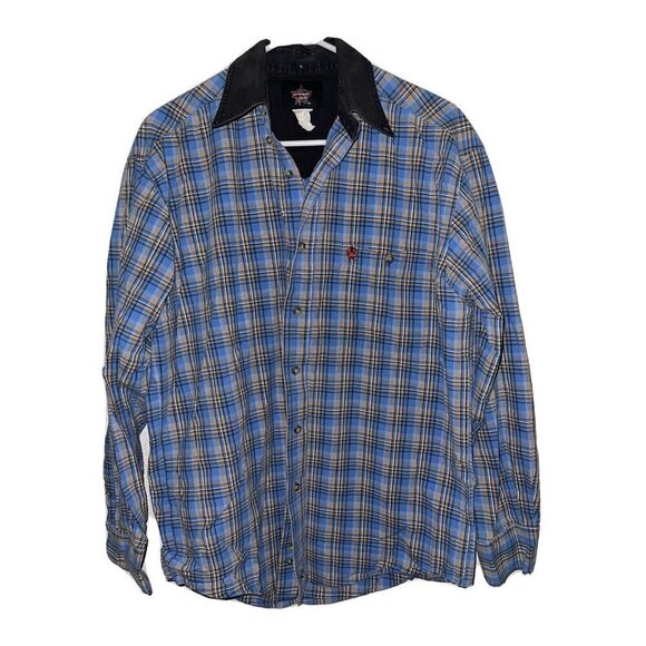 𝅺WRANGLER PBR Rodeo Western  Shirt Blue Plaid Mens Medium 1C - Picture 1 of 6